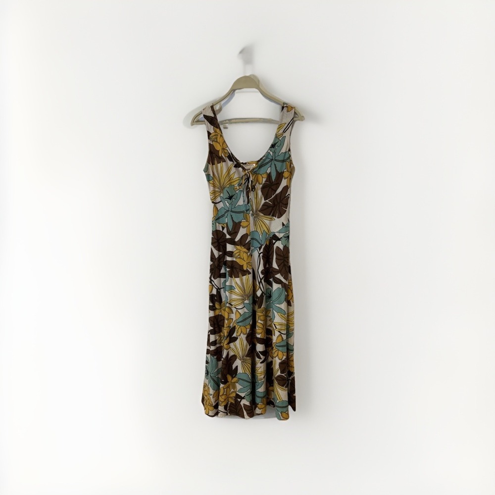Vtg Chadwicks Womens 8P Dress Brown Floral Tropical Linen Blend Midi Coastal